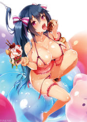 Rule 34 | 1girl, black hair, blue hair, blush, bra, breasts, cake, cake slice, cleavage, collarbone, cupcake, cupless bra, dessert, doughnut, female focus, food, fork, frills, fruit, hair ribbon, heart, highres, large breasts, bridal garter, long hair, looking at viewer, nipples, open mouth, original, panties, pink bra, pink eyes, pink panties, purple eyes, pyon-kichi, ribbon, saliva, sitting, solo, strawberry, strawberry shortcake, suggestive fluid, teeth, tongue, tongue out, twintails, underwear, wafer stick