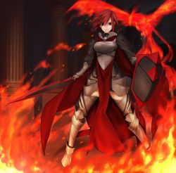 Rule 34 | 1girl, armor, bad id, bad pixiv id, bird, breastplate, cape, fire, greaves, looking at viewer, maco (wondermind), phoenix, pixiv fantasia, pixiv fantasia wizard and knight, red eyes, red hair, shield, short hair, solo, standing, sword, tabard, weapon