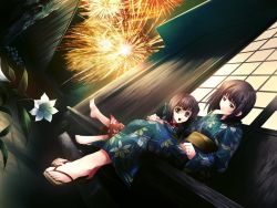Rule 34 | 2girls, aerial fireworks, age difference, barefoot, black hair, bow, cartagra, child, dutch angle, feet, fireworks, flower, game cg, hair bow, hair ornament, hairclip, happy, hatsune (cartagra), holding hands, japanese clothes, jewelry, kimono, mother and daughter, multiple girls, non-web source, ribbon, ring, sandals, short hair, sitting, sugina miki, toes, veranda, wedding band, yellow eyes