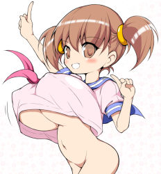Rule 34 | 1girl, ass, bottomless, breasts, brown eyes, brown hair, huge breasts, large breasts, shortstack, smile, solo, tagme, twintails, underboob