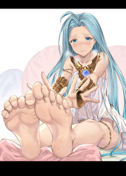 Rule 34 | 1girl, ahoge, aldehyde, bare legs, bare shoulders, barefoot, blush, breasts, closed mouth, collarbone, dress, feet, forehead, granblue fantasy, highres, letterboxed, long hair, looking at viewer, lyria (granblue fantasy), parted bangs, sitting, small breasts, soles, solo, stretching, toes, white dress