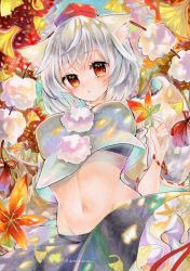 Rule 34 | 1girl, absurdres, animal ear fluff, animal ears, autumn, autumn leaves, black skirt, breasts, closed mouth, commentary request, cowboy shot, detached sleeves, frilled skirt, frills, groin, hat, highres, holding, holding leaf, inubashiri momiji, leaf, looking at viewer, maple leaf, marker (medium), medium breasts, medium hair, midriff, navel, pom pom (clothes), red eyes, red hat, ribbon-trimmed sleeves, ribbon trim, shirt, skirt, solo, tail, tokin hat, torajirou (toraneko zirou), touhou, traditional media, twitter username, undershirt, white hair, white shirt, white sleeves, wolf ears, wolf girl, wolf tail