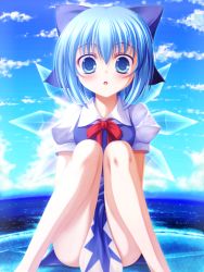 Rule 34 | 1girl, blue dress, blue eyes, blue hair, blue skirt, blue sky, blush, bow, censored, cirno, cloud, convenient censoring, day, dress, hair bow, hatomura (tareneko club), ice, ice wings, looking at viewer, matching hair/eyes, open mouth, puffy sleeves, short sleeves, sitting, skirt, sky, solo, touhou, wings