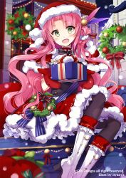 Rule 34 | 1girl, 2017, :d, artist name, black pantyhose, blurry, blurry background, blurry foreground, blush, boots, box, capelet, christmas, christmas wreath, commentary request, depth of field, fur-trimmed capelet, fur-trimmed headwear, fur-trimmed skirt, fur trim, gift, gift box, green eyes, hair bobbles, hair ornament, hat, head tilt, high heel boots, high heels, holding, holding gift, knee boots, long hair, looking at viewer, mittens, night, night sky, nyanya, official art, one side up, open mouth, original, outdoors, pantyhose, parted bangs, pink hair, red capelet, red hat, red mittens, red skirt, santa hat, shirt, sitting, skirt, sky, sleeveless, sleeveless shirt, smile, solo, sparkle, star (sky), starry sky, very long hair, wavy hair, white footwear, white shirt, wreath