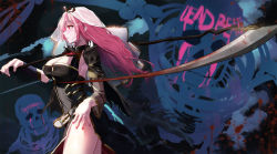 Rule 34 | 1girl, belt, black cloak, black dress, blood, blood splatter, bloody weapon, blush, breasts, cleavage, cleavage cutout, cloak, closed mouth, clothing cutout, commentary, cowboy shot, discoshoujo, dress, english commentary, from side, gem, glint, gold trim, graffiti, highres, holding, holding scythe, hololive, hololive english, large breasts, light smile, long hair, mori calliope, mori calliope (1st costume), nail polish, over shoulder, pink hair, profile, red eyes, red gemstone, red nails, scythe, see-through, see-through sleeves, side slit, solo, spikes, thighs, tiara, torn cloak, torn clothes, vambraces, veil, virtual youtuber, weapon, weapon over shoulder, white belt