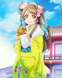 Rule 34 | 10s, 1girl, absurdres, artist request, blush, braid, brown hair, flower, highres, japanese clothes, kimono, long hair, love live!, love live! school idol festival, love live! school idol project, minami kotori, official art, ribbon, side ponytail, sky, smile, yellow eyes
