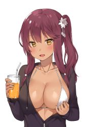 Rule 34 | 1girl, alternate costume, bad id, bad pixiv id, bikini, blush, breasts, canape (canape0130), cleavage, clothes tug, cup, dark-skinned female, dark skin, drinking straw, flower, girls&#039; frontline, hair between eyes, hair flower, hair ornament, hair ribbon, holding, holding cup, juice, large breasts, long hair, looking at viewer, one side up, open mouth, purple hair, rash guard, ribbon, saiga-12 (girls&#039; frontline), smile, solo, swimsuit, tress ribbon, white bikini, yellow eyes, zipper