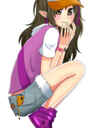 Rule 34 | 1girl, alternate costume, armband, artist request, bad hands, baseball cap, blush, brown hair, cellphone, contemporary, earbuds, earphones, female focus, hair ribbon, hat, highres, himekaidou hatate, long hair, phone, ribbon, shoes, shorts, smile, sneakers, touhou