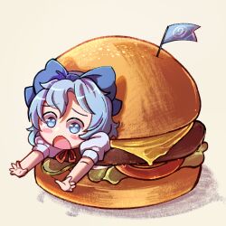 Rule 34 | 1girl, blue bow, blue eyes, blue hair, bow, burger, cheese, circled 9, cirno, commentary, dungeon toaster, english commentary, flag, food, hair bow, hamburger steak, highres, lettuce, looking at viewer, open mouth, short hair, short sleeves, simple background, solo, steak, tomato, touhou, yellow background