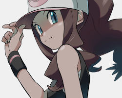 Rule 34 | 1girl, adjusting clothes, adjusting headwear, bare shoulders, baseball cap, black vest, blue eyes, brown hair, closed mouth, creatures (company), donnpati, eyebrows, eyelashes, fingernails, from side, game freak, hair over shoulder, hand up, hat, high ponytail, hilda (pokemon), long hair, looking at viewer, nintendo, palms, poke ball theme, pokemon, pokemon bw, sidelocks, smile, solo, vest, white hat