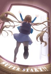 Rule 34 | 1girl, arms up, backpack, bag, braid, brown hair, commentary, english text, french braid, from behind, hair ribbon, highres, long hair, love live!, love live! superstar!!, low twintails, opening door, pantyhose, qy73, ribbon, sakurakoji kinako, school bag, solo, twintails, very long hair, white ribbon