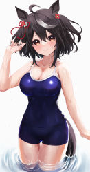 Rule 34 | 1girl, absurdres, black hair, blue one-piece swimsuit, breasts, cleavage, closed mouth, collarbone, hair ribbon, head tilt, highres, horse girl, horse tail, kitasan black (umamusume), koisuke, large breasts, looking at viewer, multicolored hair, one-piece swimsuit, partially submerged, red eyes, red ribbon, ribbon, short hair, smile, solo, streaked hair, swimsuit, tail, thighs, umamusume, water, wet, wet clothes, wet swimsuit