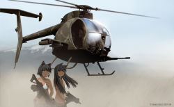 Rule 34 | 1other, 2girls, aircraft, animal ears, artist name, assault rifle, bikini, black hair, cat ears, commentary, dated, dead-robot, gloves, gun, helicopter, holding, holding gun, holding weapon, long hair, looking at viewer, military, military vehicle, mixed-language commentary, multiple girls, original, rifle, short hair, submachine gun, swimsuit, twitter username, watermark, weapon, white bikini