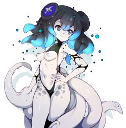 Rule 34 | 1girl, :3, absurdres, black hair, blue eyes, blue hair, breasts, closed mouth, hand on own hip, highres, inverted nipples, looking to the side, monster girl, multicolored hair, navel, original, simple background, slugbox, small breasts, smile, solo, tentacle hair, tentacles, two-tone hair, white background