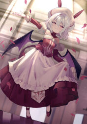 Rule 34 | 1girl, alternate costume, apron, arm up, bat wings, black wings, blue hair, closed mouth, detached sleeves, dutch angle, falling petals, full body, fur-trimmed shirt, fur-trimmed sleeves, fur trim, hair between eyes, heart, highres, light blue hair, long skirt, looking at viewer, medium hair, petals, red eyes, red footwear, red shirt, red skirt, red sleeves, remilia scarlet, shirt, skirt, skirt hold, smile, solo, strapless, strapless shirt, touhou, white apron, white headwear, wings, yuki (popopo)