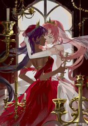 Rule 34 | 2girls, absurdres, bare shoulders, blue eyes, bridal veil, candle, colored eyelashes, cowboy shot, dark-skinned female, dark skin, dress, elbow gloves, eye contact, gleam, gloves, gold armlet, gold tiara, hand on another&#039;s head, highres, himemiya anthy, holding candle stand, hug, indoors, light particles, lipstick, long dress, long hair, looking at another, makeup, multiple girls, ouge dz, parted lips, pink hair, pink lips, purple hair, red dress, red sleeves, red veil, see-through veil, short sleeves, shoujo kakumei utena, strapless, strapless dress, teeth, tenjou utena, tiara, veil, very long hair, wedding dress, weibo watermark, white dress, white gloves, white veil, window, yuri