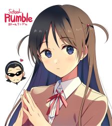 Rule 34 | 1boy, 1girl, black hair, blue eyes, commentary request, copyright name, fingers together, hair tie, harima kenji, head only, highres, looking at viewer, school rumble, school uniform, short twintails, simple background, tsukamoto tenma, twintails, two side up, upper body, white background, yukichi (eikichi)