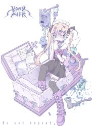 Rule 34 | 1girl, absurdres, axe, blonde hair, boots, bow, character name, coffin, collar, commission, cupcake, earrings, eating, food, full body, green eyes, gudon udon, hair bow, hair ornament, hairclip, hands up, highres, indie virtual youtuber, intravenous drip, jewelry, knee boots, kony pyon, long hair, maid headdress, paper, pill, sailor collar, shaded face, short sleeves, sidelocks, simple background, sitting, solo, sweat, thighhighs, twintails, virtual youtuber, white background, white sailor collar, wings, x-ray