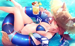 Rule 34 | 1girl, animal ear fluff, animal ears, bangle, bikini, blue bikini, blush, bracelet, breasts, cleavage, commentary request, cup, day, ears through headwear, fate/grand order, fate (series), feet out of frame, fox ears, fox tail, halterneck, hat, holding, holding cup, innertube, jewelry, kito koruta, koruta (nekoimo), large breasts, long hair, looking at viewer, navel, outdoors, pink hair, reclining, side-tie bikini bottom, smile, solo, straw hat, string bikini, sun hat, sunlight, swim ring, swimsuit, tail, tamamo (fate), tamamo no mae (fate/extra), tamamo no mae (swimsuit lancer) (fate), tamamo no mae (swimsuit lancer) (second ascension) (fate), tamamo no mae (swimsuit lancer) (third ascension) (fate), tropical drink, yellow eyes
