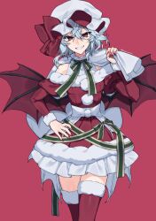Rule 34 | 1girl, absurdres, alternate costume, bag, bare shoulders, bat wings, christmas, collar, commentary request, cowboy shot, crossed legs, dress, frilled collar, frilled dress, frills, fur-trimmed dress, fur-trimmed thighhighs, fur trim, gift bag, green ribbon, grey hair, hand on own hip, hat, highres, himadera, holding, holding bag, looking at viewer, mob cap, monster girl, neck ribbon, off-shoulder dress, off shoulder, plant girl, red background, red dress, red eyes, red nails, red thighhighs, remilia scarlet, ribbon, simple background, smile, solo, teeth, thighhighs, touhou, twitter username, white hat, wings, zettai ryouiki