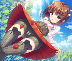 Rule 34 | 10s, 1girl, anchor, ass, bike shorts, blue sky, boots, breasts, brown eyes, brown hair, cameltoe, cloud, cloudy sky, day, food, from below, fruit, headgear, kantai collection, long sleeves, looking at viewer, looking down, nipples, open mouth, outdoors, plant, pleated skirt, red skirt, short hair, skirt, skirt basket, sky, small breasts, solo, strawberry, taihou (kancolle), thigh boots, thigh gap, thighhighs, thighs, tonchan