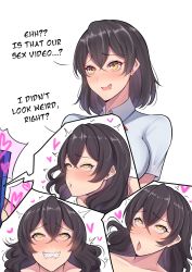 Rule 34 | 1girl, absurdres, band-width, black hair, blue shirt, blush, bow, bowtie, breasts, english text, heart, highres, large breasts, medium hair, nose blush, original, red neckwear, rolling eyes, shirt, short sleeves, tongue, tongue out, yellow eyes