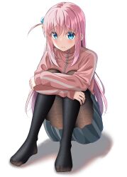 Rule 34 | 1girl, black pantyhose, blue eyes, blush, bocchi the rock!, closed mouth, commentary request, cube hair ornament, full body, gotoh hitori, grey skirt, gurande (g-size), hair ornament, highres, hugging own legs, jacket, knees up, long hair, long sleeves, looking at viewer, no shoes, one side up, pantyhose, pink hair, pink jacket, pleated skirt, shadow, sidelocks, simple background, sitting, skirt, sleeves past wrists, solo, track jacket, very long hair, white background