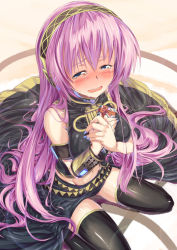 Rule 34 | 1girl, blush, crying, crying with eyes open, daidou, daidou (demitasse), from above, gift, headset, highres, long hair, looking at viewer, megurine luka, nail polish, navel, open mouth, pink hair, sitting, skirt, solo, tears, thighhighs, very long hair, vocaloid