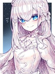 Rule 34 | + +, 1girl, another project, blue eyes, bow, cape, chinese commentary, crescent, crescent hair ornament, ear piercing, earrings, hair behind ear, hair ornament, head tilt, highres, jewelry, kupa (jesterwii), looking at viewer, monochrome, piercing, rola (vtuber), smile, solo, space, spot color, star (sky), sticker, virtual youtuber