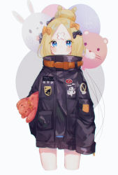 Rule 34 | 1girl, abigail williams (fate), abigail williams (traveling outfit) (fate), ameru, bad id, bad pixiv id, balloon, black bow, black jacket, blonde hair, blue eyes, blush, bow, closed mouth, commentary request, cropped legs, crossed bandaids, dated, fate/grand order, fate (series), fou (fate), grey background, hair bow, hair bun, heroic spirit traveling outfit, highres, holding, holding balloon, jacket, long hair, long sleeves, looking at viewer, hugging object, official alternate costume, orange bow, parted bangs, polka dot, polka dot bow, signature, single hair bun, sleeves past fingers, sleeves past wrists, solo, star (symbol), stuffed animal, stuffed toy, teddy bear, two-tone background