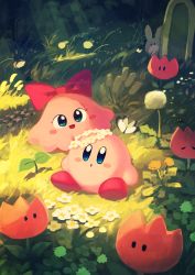 Rule 34 | :d, :o, artist name, blue eyes, blush, blush stickers, bow, bug, butterfly, chuchu (kirby), dandelion, dappled sunlight, flower, flower wreath, forest, full body, grass, head wreath, highres, insect, kirby, kirby (series), leaf, nature, nintendo, no humans, open mouth, orange flower, outdoors, polof, rabbit, red bow, red footwear, shoes, sitting, smile, sprout, sunlight, suyasuyabi, tombstone, tree, tulip (kirby), twitter username, white flower