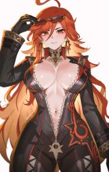 1girl absurdres adjusting_eyewear ahoge biker_clothes bikesuit black_gloves bodysuit breasts commentary cowboy_shot earrings genshin_impact gloves grin hair_between_eyes highres jewelry large_breasts long_hair long_sleeves looking_at_viewer mavuika_(genshin_impact) navel nvl orange_eyes orange_hair simple_background smile solo standing sunglasses third-party_source very_long_hair white_background