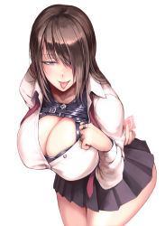 Rule 34 | 1girl, :p, blush, breasts, brown hair, buckle, cleavage, condom, condom wrapper, hair over one eye, hetza (hellshock), huge breasts, jewelry, leaning forward, leather, long hair, looking at viewer, loose necktie, naughty face, necktie, open clothes, open shirt, original, paizuri invitation, piercing, pleated skirt, purple eyes, red necktie, ring, school uniform, sexually suggestive, shirt, simple background, skirt, smile, solo, tongue, tongue out, tongue piercing, white background, wing collar
