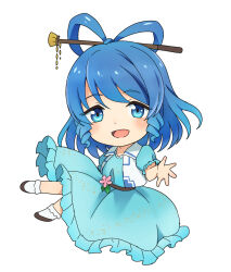 Rule 34 | :d, blue dress, blue eyes, blue hair, chisel, dress, drill hair, drill sidelocks, flower, full body, hair ornament, hair rings, hair stick, highres, kaku seiga, kuritsuki, looking at viewer, one-hour drawing challenge, open mouth, pink flower, short hair, sidelocks, simple background, smile, touhou, vest, white background, white vest