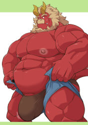 Rule 34 | 1boy, absurdres, bara, beard, big belly, blank eyes, bouncing bulge, brown male underwear, bulge, bulge lift, colored skin, cropped legs, curled horns, demon boy, demon horns, denim, denim shorts, dressing, facial hair, fat, fat man, forked eyebrows, furry, furry male, gardie (otsukimi), highres, horns, huge eyebrows, huge pectorals, i&#039;ve never seen a guy recreate this successfully tbh (meme), large bulge, large pectorals, large penis, lion hair, long hair, male focus, male underwear, meme, muscular, muscular male, nervous sweating, nipples, open pants, original, otsukimi, pants, pants lift, pectorals, penis, penis peek, red skin, shorts, solo, strongman waist, sweat, thick thighs, thighs, topless male, undersized clothes, underwear