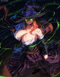 Rule 34 | 1girl, absurdres, artist logo, black corset, black footwear, black hat, black sleeves, breasts, brown hair, collarbone, commission, corset, detached sleeves, dragon&#039;s crown, dress, floating rock, green eyes, hat, highres, holding, holding staff, knightfang, large breasts, long hair, magic, purple ribbon, purple skirt, ribbon, skirt, sleeveless, sleeveless dress, solo, sorceress (dragon&#039;s crown), staff, strapless, strapless dress, twitter username, witch, witch hat