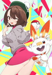 Rule 34 | 1girl, ;d, ass, bob cut, brown eyes, brown hair, cable knit, cardigan, commentary request, creatures (company), dress, game freak, gen 8 pokemon, gloria (pokemon), green headwear, grey cardigan, hat, highres, holding, holding poke ball, hooded cardigan, nintendo, one eye closed, open mouth, pink dress, poke ball, poke ball (basic), pokemon, pokemon (creature), pokemon swsh, rx7649, scorbunny, short hair, smile, tam o&#039; shanter, v