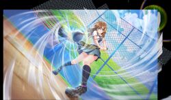 Rule 34 | 1girl, arihara tsubasa, baseball, baseball (object), baseball bat, black footwear, black socks, blue eyes, blue necktie, bow, brown hair, chain-link fence, cinderella series, closed mouth, dutch angle, emphasis lines, fence, from below, full body, game cg, grey skirt, hachigatsu no cinderella nine, hair between eyes, hair bow, highres, holding, holding baseball bat, lens flare, long hair, metal baseball bat, necktie, non-web source, official art, outdoors, plaid clothes, plaid skirt, playing sports, pleated skirt, school uniform, serafuku, shirt, short sleeves, skirt, socks, solo, swinging, v-shaped eyebrows, white shirt, yellow bow