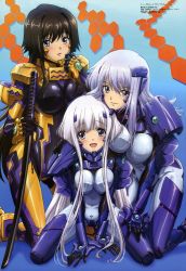 Rule 34 | 3girls, blue eyes, blue hair, blush, bodysuit, breasts, brown hair, cryska barchenowa, hand to own mouth, hara yumiko, inia sestina, large breasts, long hair, megami magazine, multiple girls, muv-luv, muv-luv alternative, muv-luv total eclipse, official art, open mouth, pilot suit, purple eyes, scan, short hair, sword, takamura yui, very long hair, weapon, white hair