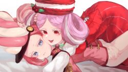 2girls absurdres berry blue_eyes breasts coat commentary_request conductor cookie_run dress flat_chest food food-themed_hat formal hairstyle_request hat hat_ornament highres holly_hat_ornament humanization korean_commentary macaron macaron_cookie marshmallow_cookie multiple_girls on_bed open_mouth pants pink_coat pink_hair pink_hat pinned purple_hair red_dress red_eyes ribiadan simple_background small_breasts white_background white_pants yuri