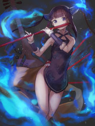 Rule 34 | 1girl, aito, bare shoulders, black dress, blue eyes, blue fire, blunt bangs, blush, breasts, china dress, chinese clothes, detached sleeves, dress, fate/grand order, fate (series), fire, flute, hair ornament, highres, instrument, leaf hair ornament, long hair, looking at viewer, medium breasts, music, pipa (instrument), playing instrument, purple hair, side slit, sidelocks, thighs, twintails, very long hair, yang guifei (fate), yang guifei (second ascension) (fate)