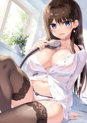 Rule 34 | 1girl, blue eyes, boku no kanojo sensei, breasts, brown hair, brown thighhighs, cleavage, collarbone, earrings, flower, fujiki maka, highres, holding, jewelry, knee up, large breasts, long hair, looking at viewer, navel, no pants, off shoulder, open clothes, open mouth, open shirt, oryo (oryo04), panties, shirt, shower head, sitting, smile, solo, stomach, thighhighs, thighs, underwear, water, wet, wet clothes, wet shirt, white panties, white shirt, window