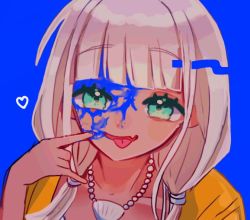 Rule 34 | 1girl, :p, ameko53133, bad id, bad twitter id, blue background, collarbone, danganronpa (series), danganronpa v3: killing harmony, green eyes, hand up, heart, jacket, jewelry, looking at viewer, necklace, orange jacket, paint splatter, paint splatter on face, portrait, shell, shell necklace, solo, tongue, tongue out, upper body, yonaga angie