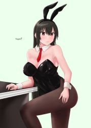 Rule 34 | 1girl, absurdres, animal ears, black hair, black leotard, black pantyhose, blush, breasts, character name, cleavage, closed mouth, detached collar, fake animal ears, green background, hair between eyes, highres, jouzaburou (joe3), kantai collection, large breasts, leotard, long hair, nagato (kancolle), pantyhose, playboy bunny, rabbit ears, red eyes, signature, simple background, solo, wrist cuffs