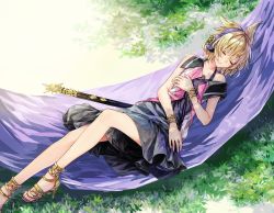 Rule 34 | 1girl, akizuki haruhi, anklet, bare arms, bare shoulders, black dress, blonde hair, blouse, bracelet, closed eyes, commentary request, dress, earmuffs, feet out of frame, grass, hammock, hand on own chest, high heels, jewelry, lying, nail polish, off shoulder, on back, open clothes, open shirt, pointy hair, purple nails, scabbard, sheath, sheathed, shirt, short dress, short hair, sleeping, solo, sword, touhou, toyosatomimi no miko, weapon, yellow footwear
