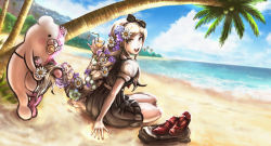 Rule 34 | 1girl, beach, blonde hair, blue eyes, bow, braid, commission, cup, danganronpa (series), danganronpa 2: goodbye despair, danganronpa v3: killing harmony, day, dress, drinking glass, flower, from behind, graphite (medium), hair bow, hair flower, hair ornament, highres, holding, holding cup, holding drinking glass, long hair, looking back, monophanie, official style, outdoors, palm tree, puffy short sleeves, puffy sleeves, shoes, unworn shoes, short sleeves, sitting, skirt, smile, sonia nevermind, traditional media, tree