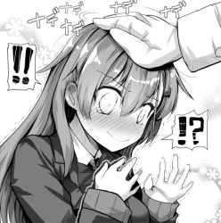 Rule 34 | !, !!, !?, 1boy, 1girl, ai takurou, blush, bow, bowtie, breasts, commentary request, gloves, greyscale, hair between eyes, hairband, headpat, jacket, kantai collection, long hair, long sleeves, monochrome, nervous smile, nose blush, school uniform, simple background, smile, solo focus, suzuya (kancolle), sweat, upper body