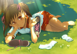 Rule 34 | 1girl, aoi sora (pairan), arm support, bad id, bad pixiv id, barefoot, bow, brown eyes, brown hair, converse, dappled sunlight, dark, face, feet, flower, foreshortening, grass, gym uniform, hair bow, light rays, lying, on side, original, outdoors, pairan, shade, shoes, unworn shoes, shorts, smile, sneakers, socks, unworn socks, solo, spread toes, sunbeam, sunlight, toes, tree, tree shade, twintails