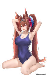 Rule 34 | 1girl, absurdres, alternate costume, animal ears, antenna hair, armpits, arms up, baozouyeguai, bare shoulders, barefoot, blue one-piece swimsuit, blush, bow, breasts, cleavage, commentary request, covered navel, daiwa scarlet (umamusume), fang, hair between eyes, hair bow, hair intakes, hair ornament, highres, horse ears, horse girl, horse tail, large breasts, long hair, looking at viewer, one-piece swimsuit, one eye closed, open mouth, red bow, red eyes, red hair, school swimsuit, simple background, sitting, skin fang, solo, swimsuit, tail, tiara, twintails, twitter username, umamusume, very long hair, wariza, wet, white background