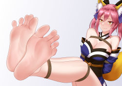 Rule 34 | 1girl, absurdres, animal ears, arms behind back, breasts, cleavage, fate/grand order, fate (series), feet, foot focus, fox ears, fox girl, fox tail, highres, long hair, oirin, pink hair, restrained, rope, smile, soles, solo, tail, tamamo (fate), toes, yellow eyes